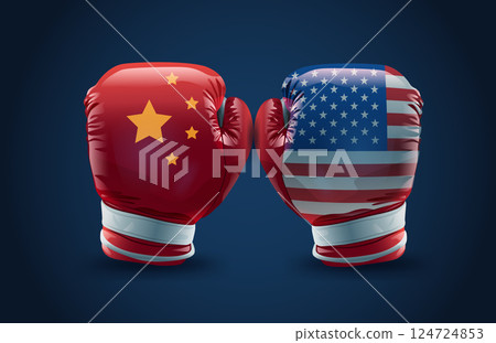 Boxing gloves China USA trade war concept. Red and blue gloves with national flags symbolize economic conflict against dark background 124724853