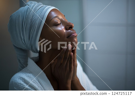 40 year old African American woman applying moisturizer to her face. Skin beauty and elasticity after 40. A 40-year-old woman enjoys her skincare routine, applying moisturizer for beautiful skin. 124725117