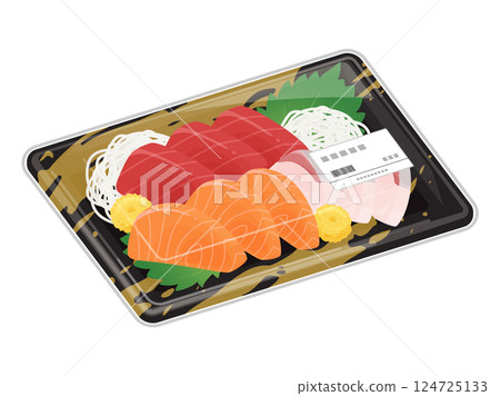食物托盤上盛裝的各式生魚片插圖 124725133