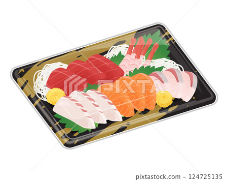 Illustration of assorted sashimi served on a food tray 124725135