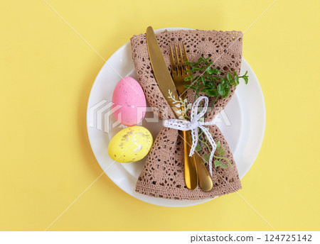 Easter celebration concept. Top view Napkin white plate eggs, isolated background, banner Easter celebration concept. Top view Napkin white plate eggs, isolated background, banner 124725142