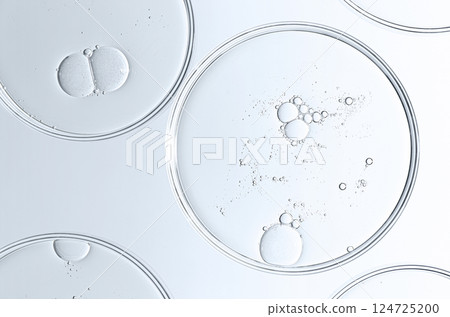 The texture of a cosmetic serum or body gel in a Petri dish. 124725200