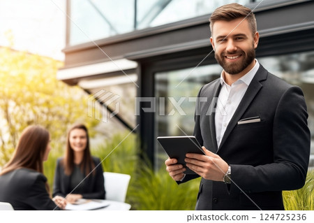 Business professionals engaged in discussion at a modern outdoor workspace in bright sunlight 124725236