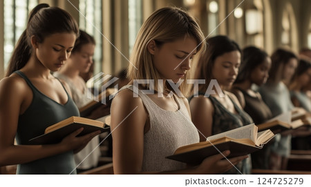 Group of young women engaged in reading during a serene church gathering Group of young women engaged in reading during a serene church gathering 124725279