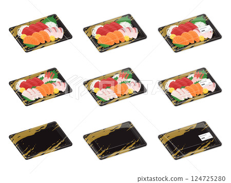 Food tray and sashimi platter illustration material set Food tray and sashimi platter illustration material set 124725280
