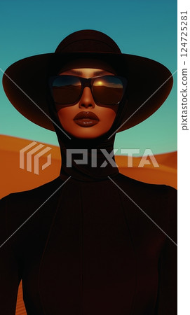 Stylish figure poses in desert landscape during golden hour sunlight Stylish figure poses in desert landscape during golden hour sunlight 124725281