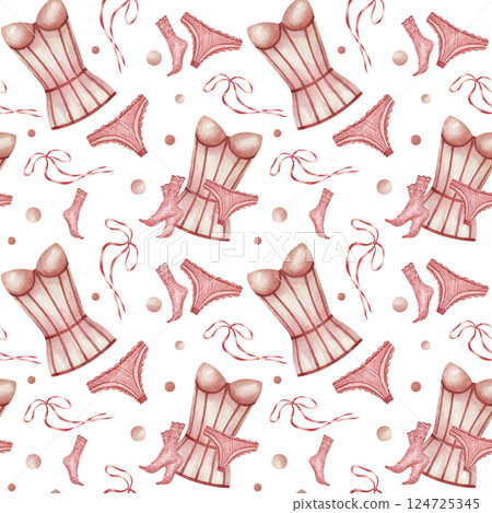 Women corset, lace socks, bow, panties seamless pattern watercolor illustration isolated on white background. Pink beige lace underwear. Wrapping paper, packaging in lingerie store or on holidays 124725345