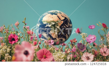 flowers surrounds a floating Earth against a soft teal sky, symbolizing harmony between nature and the planet 124725816