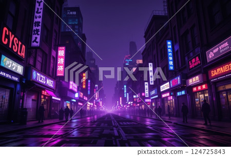 Gloomy Cyberpunk Cityscape with High Contrast and Violet Dominance 124725843