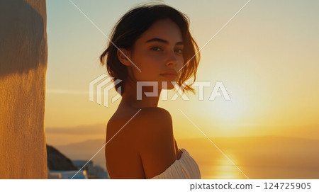 A woman stands in soft golden sunlight near a white wall, overlooking the sea during a serene Santorini sunset 124725905