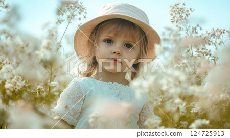 A child girl in a white lace dress and sun hat stands in a dreamy field of delicate white flowers 124725913
