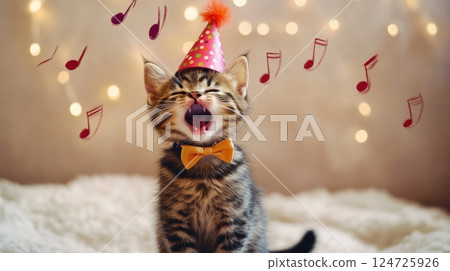 A playful kitten wearing a party hat and bow tie joyfully sings amidst floating musical notes 124725926