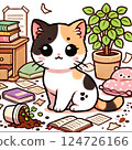 調皮的小貓弄亂房間的插圖（貓咪圖案的變化、動漫風格、可愛） 124726166