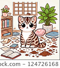 調皮的小貓弄亂房間的插圖（貓咪圖案的變化、動漫風格、可愛） 124726168