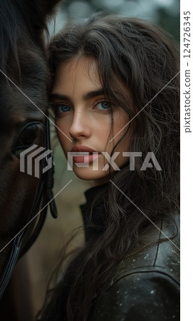 Young Woman with Braids Standing Beside a Dark Brown Horse 124726345