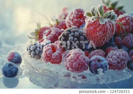Frozen berries resting on a crystal-clear ice sheet 124726351