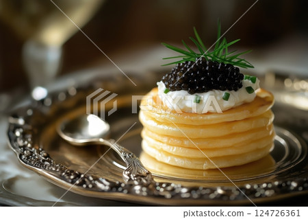 Black caviar elegantly served on a golden blini 124726361