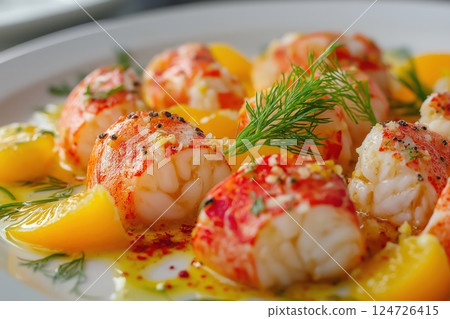Chilled lobster salad with citrus segments and dill on fine porcelain plate 124726415