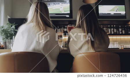 Energetic atmosphere in a bustling women's sports bar with enthusiastic female fans 124726436