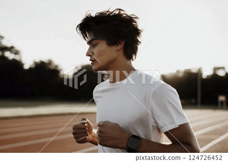 Young athlete running on sunlit track with smartwatch for fitness training Young athlete running on sunlit track with smartwatch for fitness training 124726452
