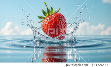 strawberry splashing into clear water. 124726453