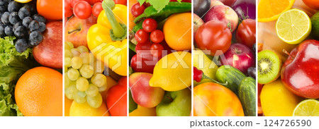 set of fruits and vegetables. Bright background. Wide photo. set of fruits and vegetables. Bright background. Wide photo. 124726590