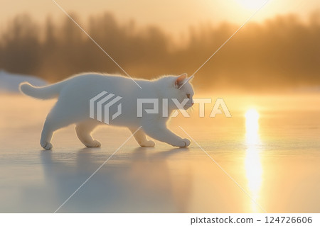 White Cat Gracefully Crossing a Frozen Lake at Sunrise 124726606