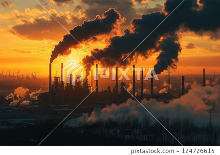 Thick Industrial Smoke Billowing from Massive Rusted Factory Pipes Thick Industrial Smoke Billowing from Massive Rusted Factory Pipes 124726615
