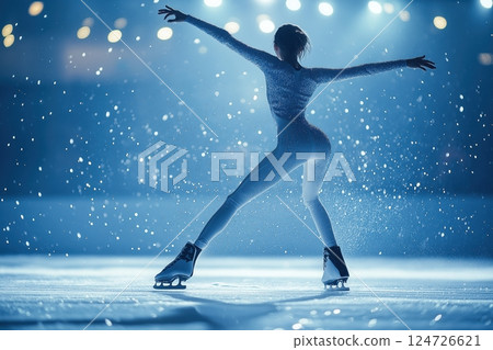 Graceful Figure Skater Mid-Spin Under Bright Arena Lights Graceful Figure Skater Mid-Spin Under Bright Arena Lights 124726621