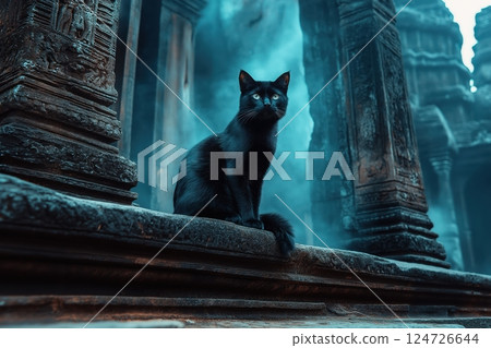 Black Cat on Ancient Temple Steps Amid Mist and Torchlight 124726644