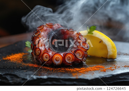Smoky Charred Octopus with Paprika and Olive Oil Drizzle 124726645