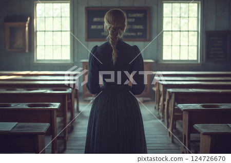 19th-Century Schoolhouse with Teacher Writing on Chalkboard 124726670