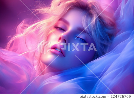 Woman with soft features resting in ethereal light surrounded by flowing fabric 124726709