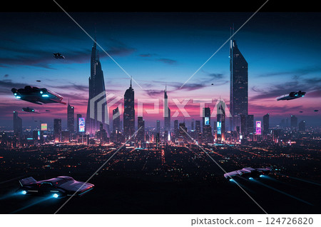 未來派摩天大樓和運輸機在天空中飛行 124726820
