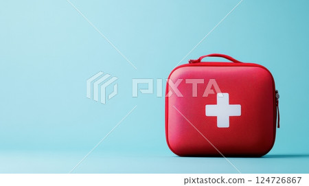 Red first aid kit with white cross symbol with copy space 124726867