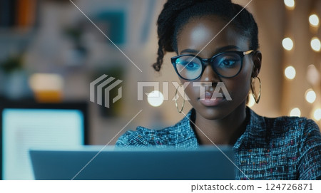 Focused businesswoman analyzing financial data 124726871