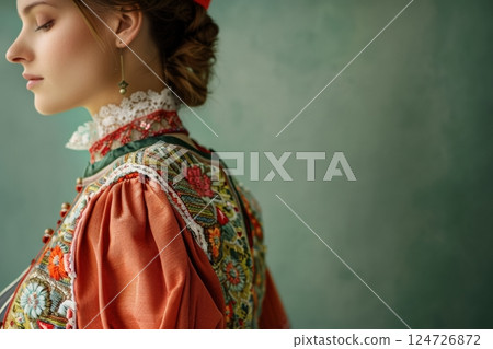 Swiss Woman in Traditional Appenzell Dress in Alpine Landscape 124726872