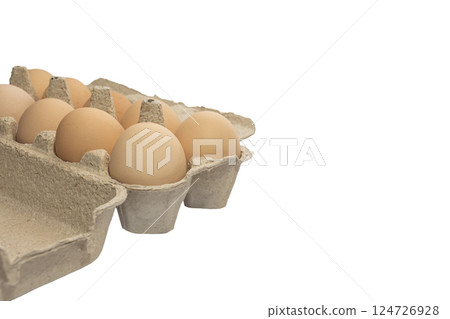 Light brown organic raw chicken eggs in package isolated on white background. Light brown organic raw chicken eggs in package isolated on white background. 124726928