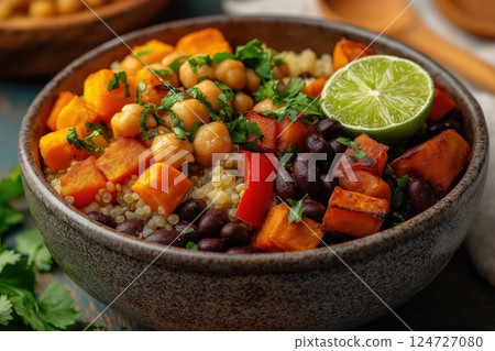 Hearty Quinoa and Black Bean Bowl with Roasted Vegetables and Fresh Garnish 124727080