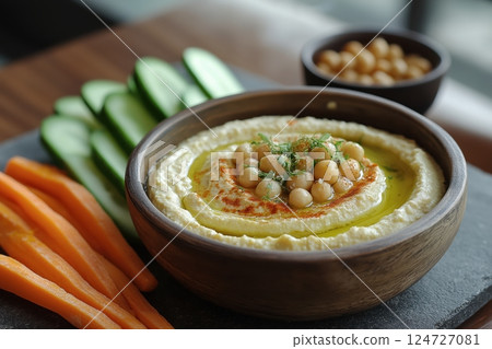 Rustic Wooden Bowl of Hummus with Fresh Vegetables on a Stone Platter 124727081