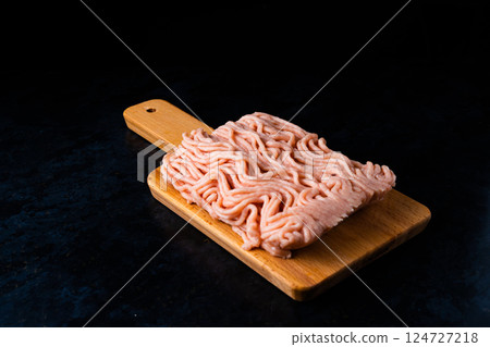 Minced meat on wood with a fork. Fashionable photo of minced meat with space for text. Minced meat on wood with a fork. Fashionable photo of minced meat with space for text. 124727218