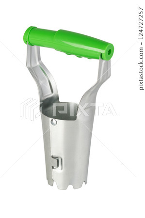 Metal bulb planter tool with green handle isolated on white background Metal bulb planter tool with green handle isolated on white background 124727257