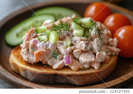 Hearty slice of whole grain toast topped with creamy tuna salad and fresh vegetables Hearty slice of whole grain toast topped with creamy tuna salad and fresh vegetables 124727305
