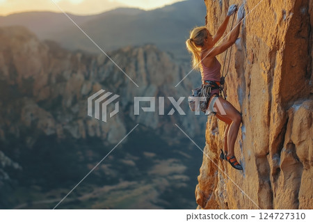 A determined climber ascends a sheer cliff, battling gravity with unwavering strength 124727310