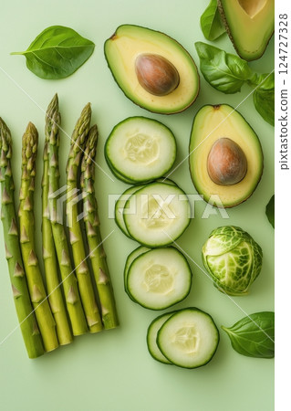 Meticulously Arranged Green Vegetables in a Modern Minimalist Food Composition 124727328