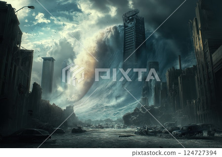 Colossal tsunami wave engulfs city, unstoppable force of nature devastating power 124727394