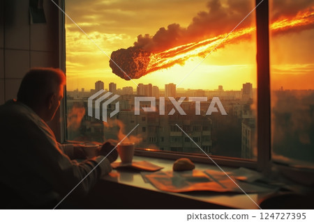 Man enjoys morning coffee at home, unaware of fiery asteroid heading toward city 124727395