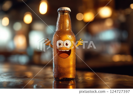 Playful anthropomorphic bottle of beer with a mischievous grin and bubbly charm Playful anthropomorphic bottle of beer with a mischievous grin and bubbly charm 124727397