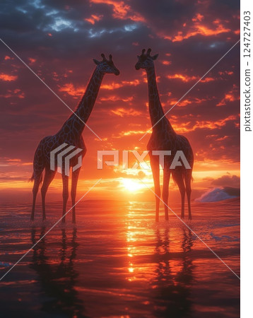 Golden Sunset and Gentle Giraffes 124727403