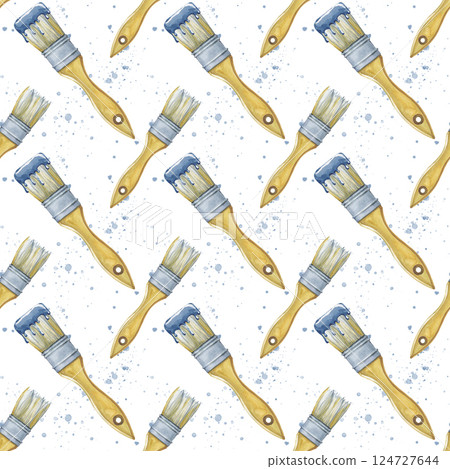 Seamless background with brushes and splashes of paint on a white background. The elements are drawn manually. Brushes with a wooden handle are empty and with a layer of paint. Watercolor Seamless background with brushes and splashes of paint on a white background. The elements are drawn manually. Brushes with a wooden handle are empty and with a layer of paint. Watercolor 124727644